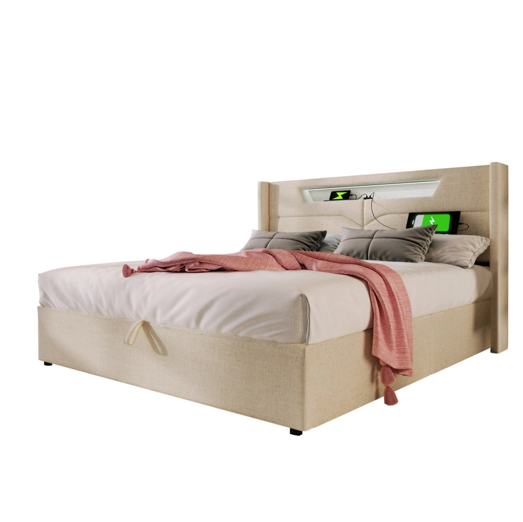 Letto matrimoniale 160x200 cm beige in lino, LED e USB Type C con contenitore