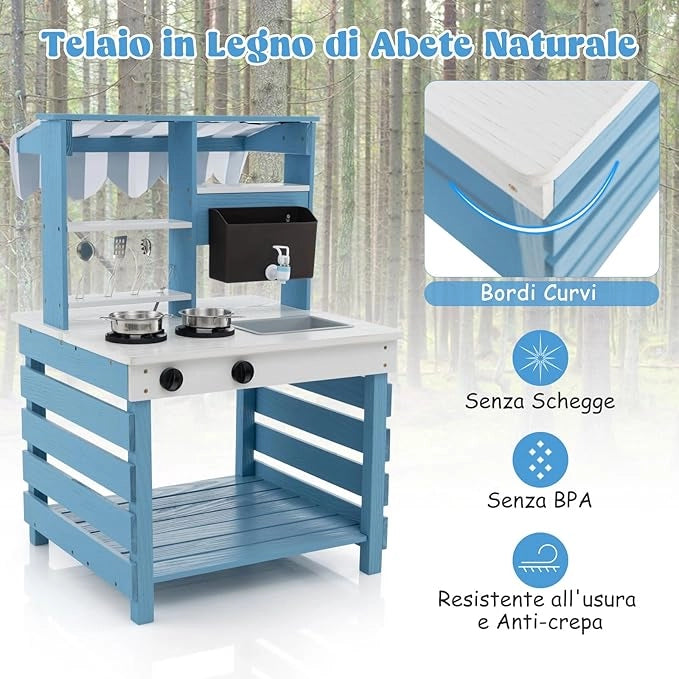 Cucina Giocattolo per Bambini, Cucina per Bambini a Doppia Faccia con Stufa a Gas, Lavello e Rubinetto, Tenda da Sole, Con Suoni, per Bambini 3+ Anni