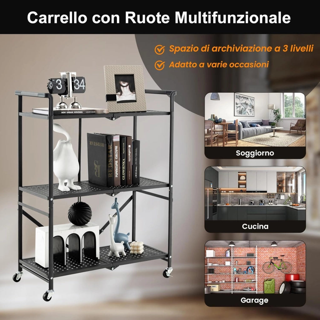 Scaffale Pieghevole con Ruote, Carrello Portaoggetti in Metallo con 3 Ripiani e 2 Ruote Bloccabili, per Cucina Soggiorno Garage, 72,5x33x93,5 cm (3 Livelli)