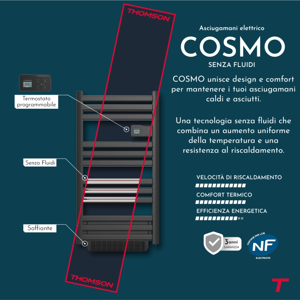 Scaldasalviette elettrico Thomson senza fluido, connesso WiFi, con ventilatore, 500 + 1000W, Cosmo nero