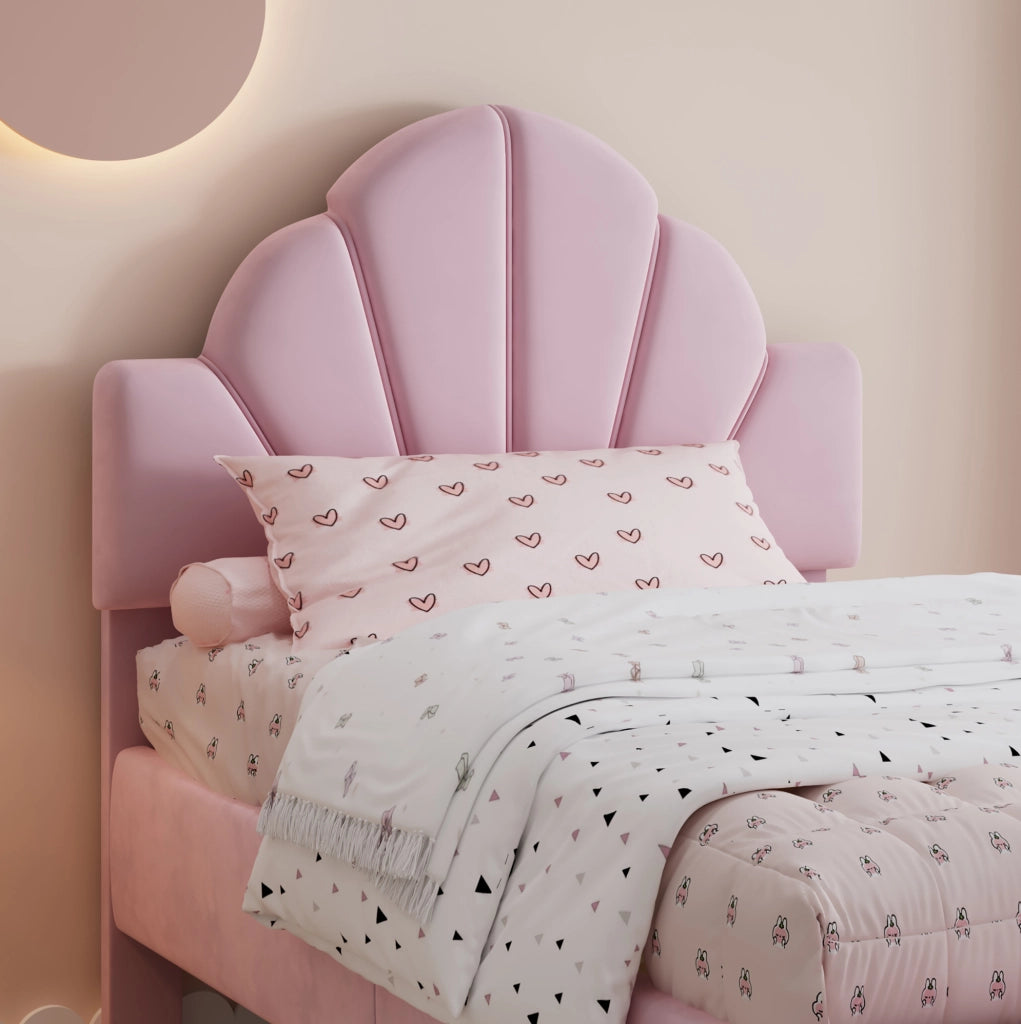Letto singolo imbottito rosa 90x200 cm con testiera in velluto e panca coordinata