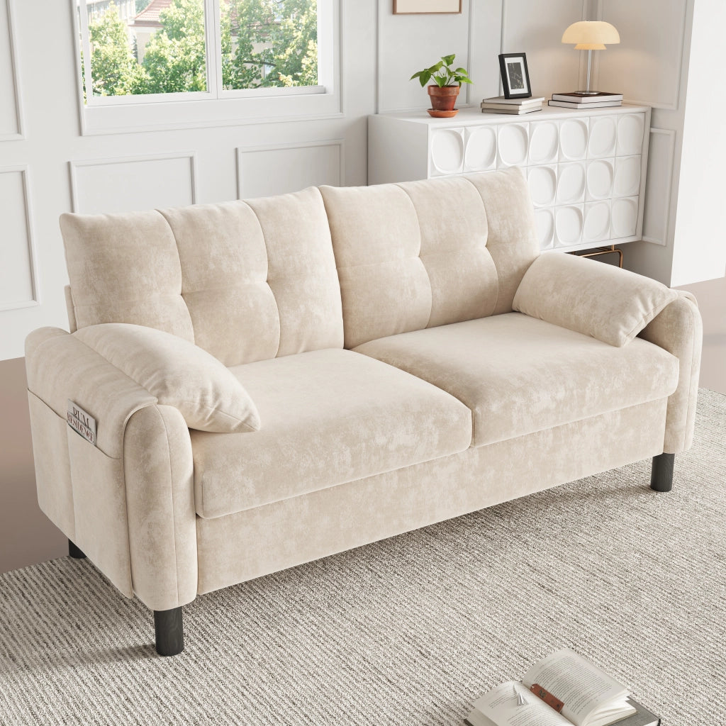 Divano a 2 posti modulare in chenille beige con tasche laterali e 2 cuscini 158 × 80 × 88.5 cm