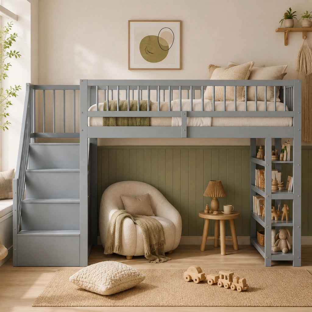 LETTO a soppalco multifunzione 90x200 cm legno massello grigio