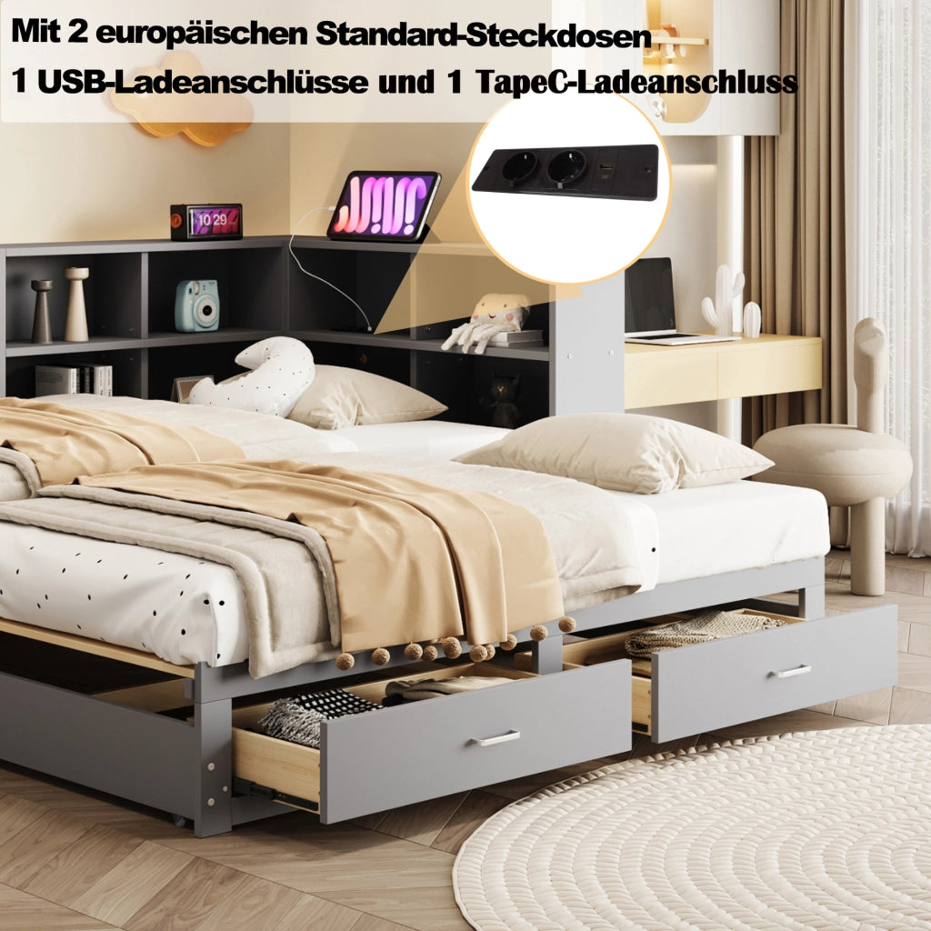 LETTO Multifunzione Estraibile 90/180x190 cm Legno Grigio con cassetti