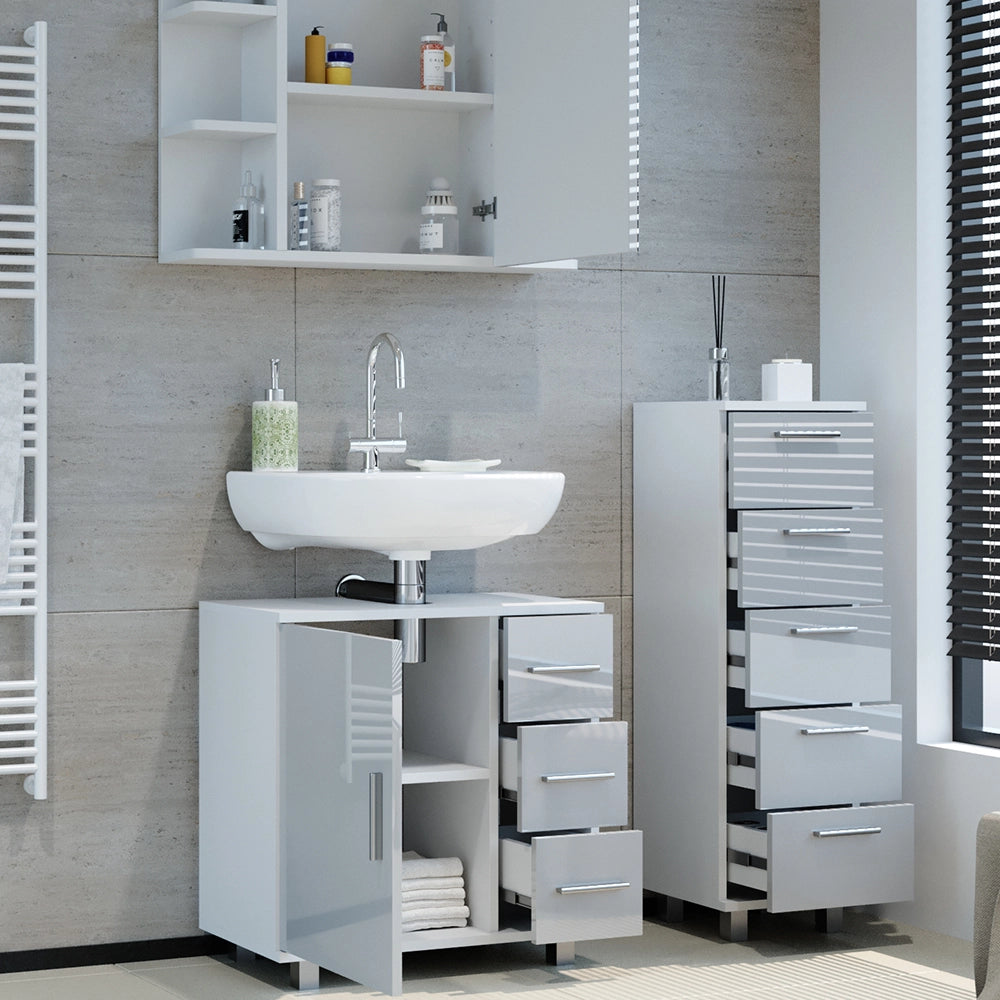 Vicco Set mobili bagno Bianco lucido 3 parti, con armadio midi