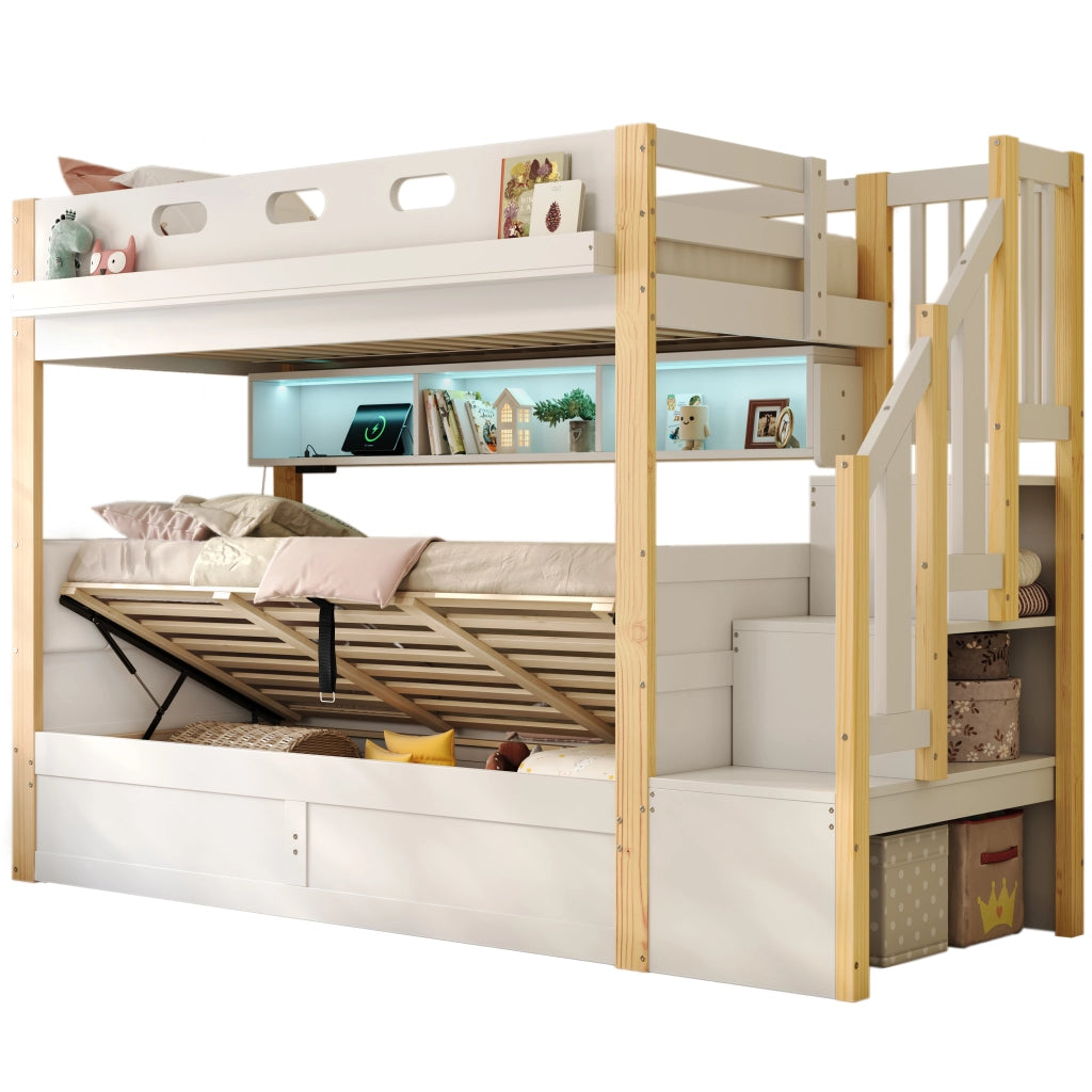 Letto a castello per bambini 90x200 + 90x200 cm con LED, USB, scala contenitore e letto inferiore con contenitore idraulico, bianco