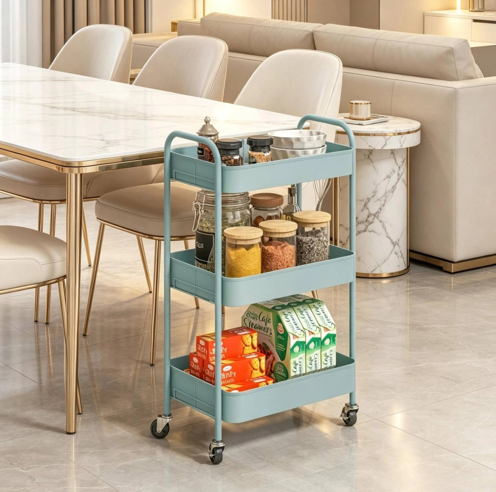 Carrello di servizio in acciaio a 3 ripiani con ruote, azzurro chiaro
