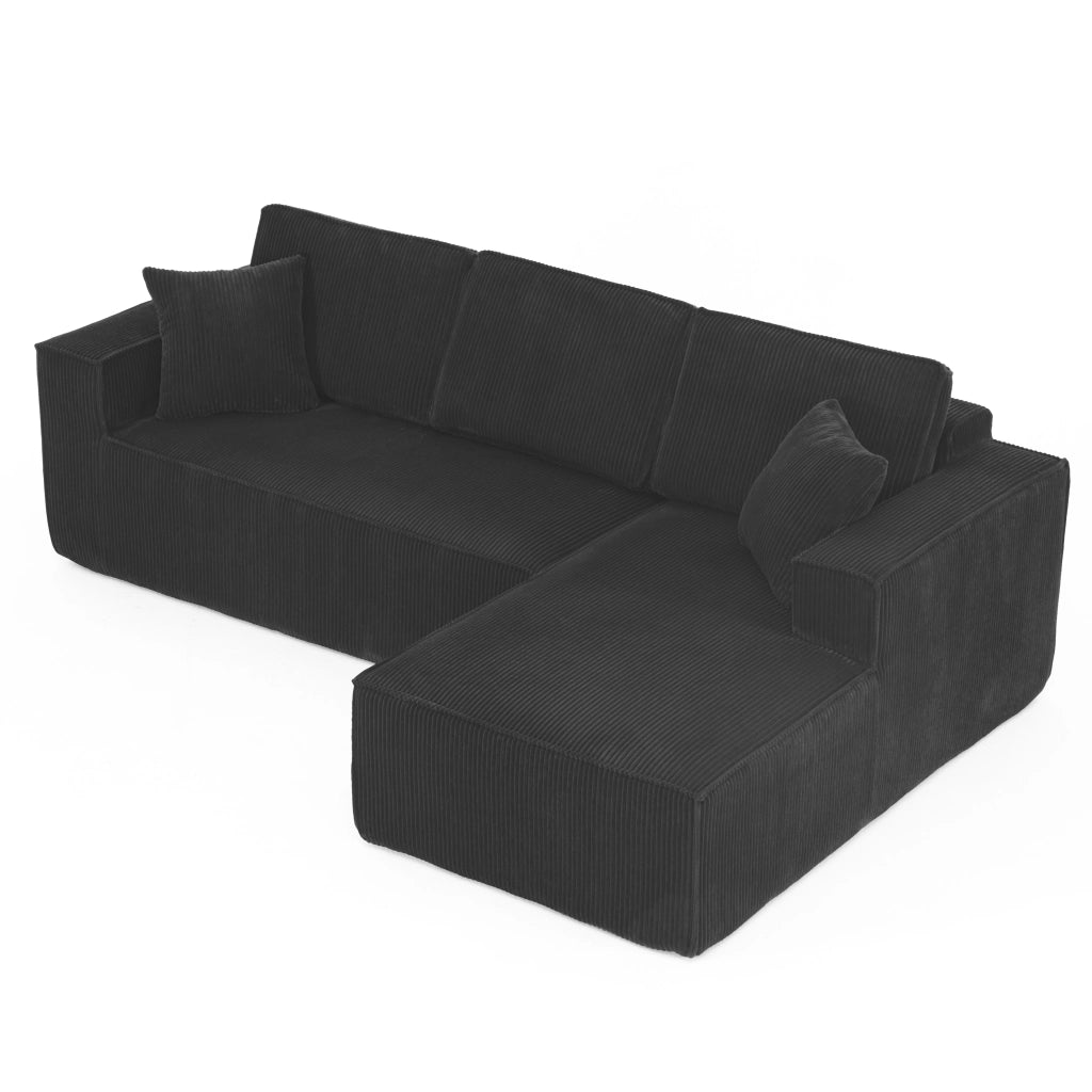 Divano Angolare 2 Posti con Chaise Longue ¨C MINIMAL ¨C Tessuto a Coste, Nero, Modulare