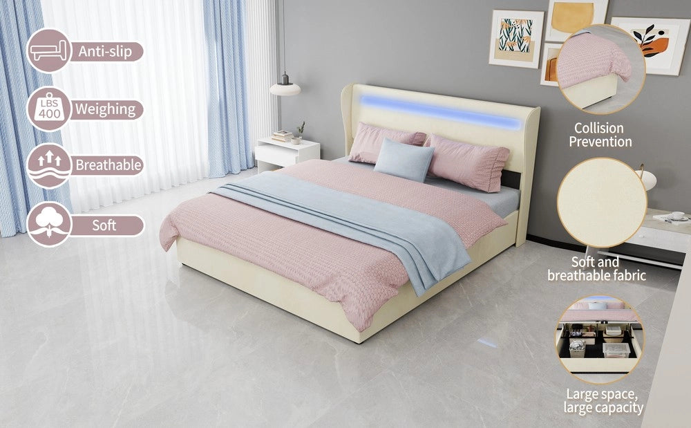 Letto Contenitore Imbottito con Testiera LED ¨C MINIMAL ¨C Velluto Beige 160x200
