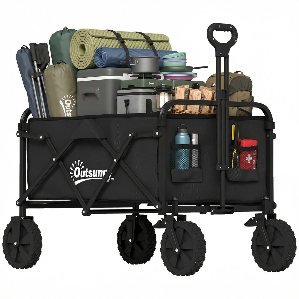 Carrello da Giardino Pieghevole con Manico Regolabile e Porta Bevande ¨C zephmum ¨C Nero