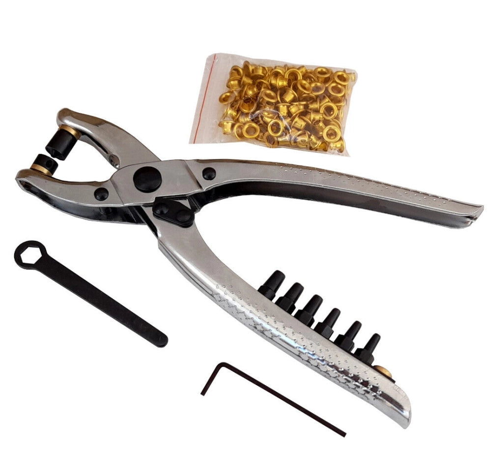 PINZA 2 IN 1 + 100 OCCHIELLI OCCHIELLATRICE FUSTELLATRICE X FORARE CUOIO PELLE