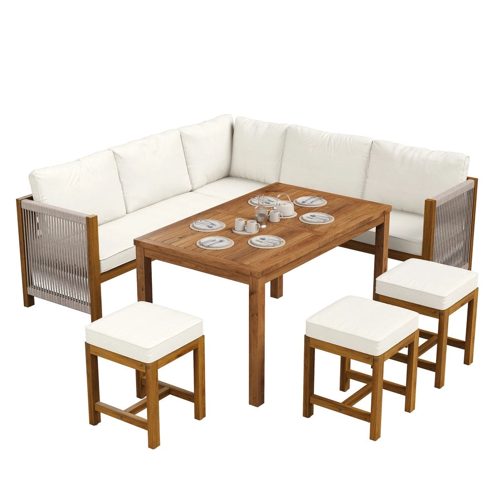 Set da giardino con divano angolare - Zephmum- Per 7-8 persone, tavolo e sedie in polirattano, cuscini, colore beige+naturale