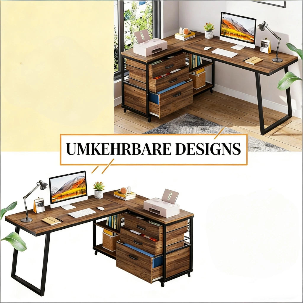 SCRIVANIA L reversibile 134x50 cm Nero/Marrone Metallo e legno