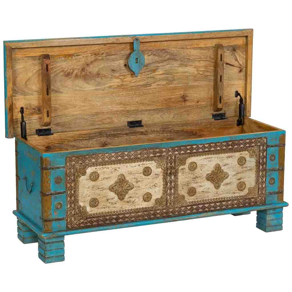 Baule in legno blu fatto a mano 115x40x45h cm
