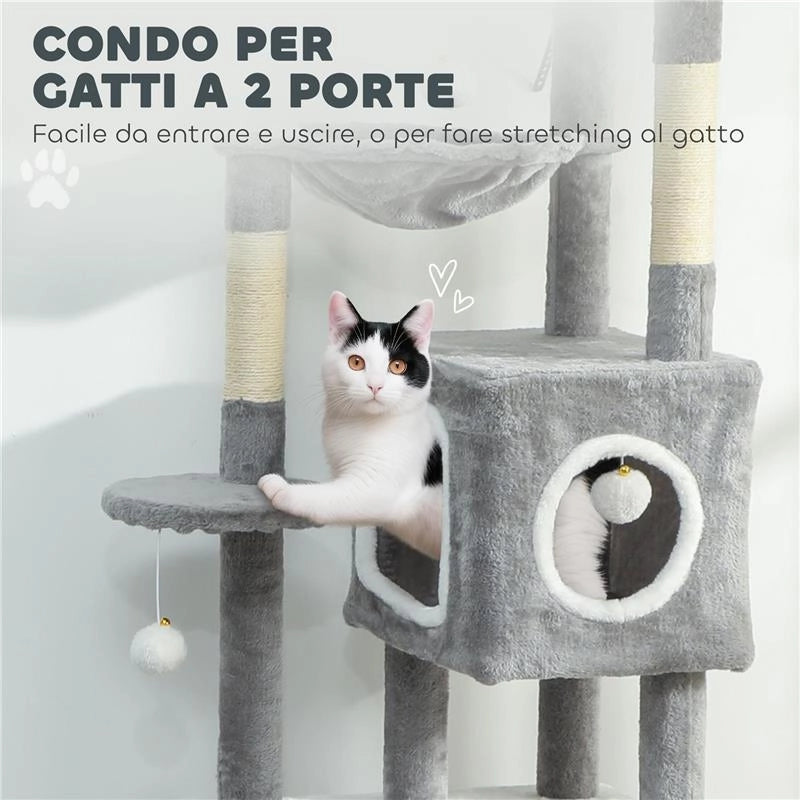 ALBERO TIRAGRAFFI PER GATTI CON 2 CASETTE, RAMPA, TRESPOLI E 4 PALLINE, 48X40X165 CM, GRIGIO E BIANCO
