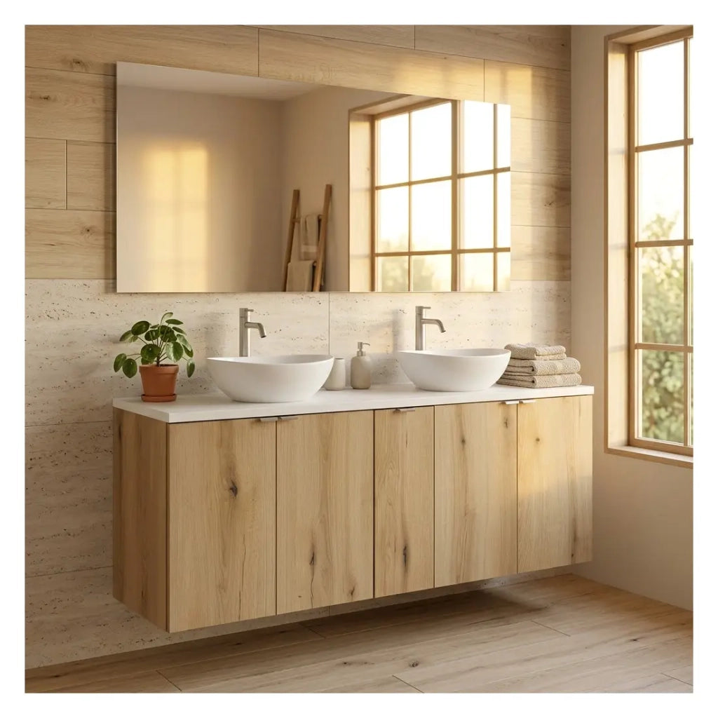 Set bagno sospeso VANO effetto rovere e bianco 140cm: mobili sotto lavabo con ante + piano per lavabo