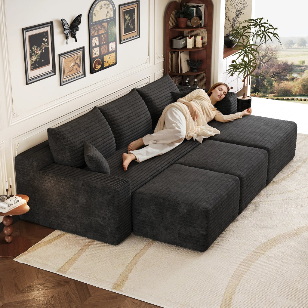 Divano ad angolo in tessuto con seduta profonda e montaggio rapido senza attrezzi in velluto a coste nero 241 × 151 × 58 cm