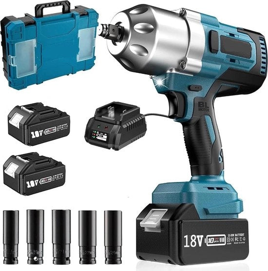 Set di Chiave a Batteria - Con Caricatore, 2 Batterie e 1 Scatola - (Incluso: 5 Dadi Lungi) - 3 Rapporti di Cambio - 1300Nm - 18V - 4.0Ah - Blu