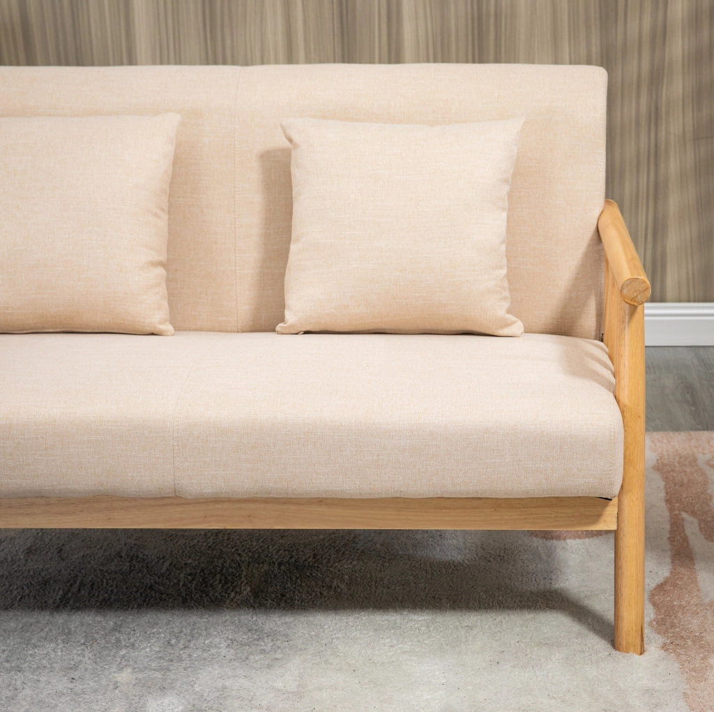 Divano 2 posti ULEVR 123x69x74 cm beige con struttura in legno di gomma e 2 cuscini decorativi