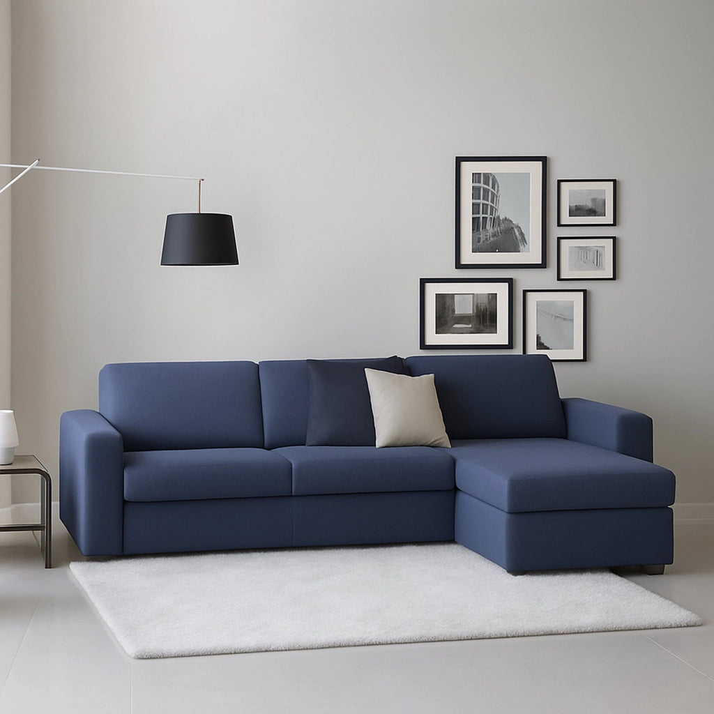 Divano fisso Azechiele, Divano ad angolo, Made in Italy, SofÒ  Soggiorno, con Penisola contenitore reversibile, in tessuto imbottito, con Braccioli slim, cm 260x95h90, Blu