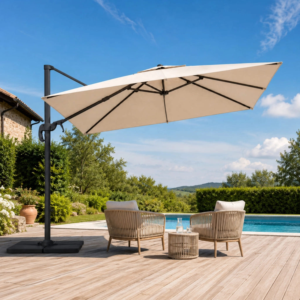 Ombrellone Professionale Per Giardino Terrazza Piscina Gazebo Dehors Bar Hotel Con Braccio Pieghevole Rotazione Completa 360° Tela Impermeabile Protezione Solare UV Acciaio Inossidabile 3x3 M Beige