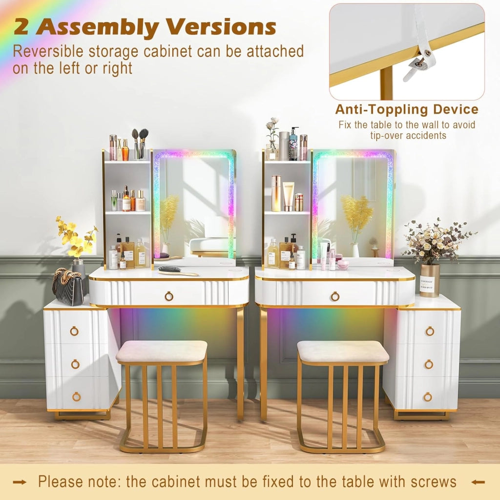 Tavolo da toeletta con sgabello, tavolo da trucco con specchio, strisce LED RGB, bordo specchio diamantato, 7 modalità LED dinamiche e 7 statiche, tavolo per acconciature con caricatore e vari