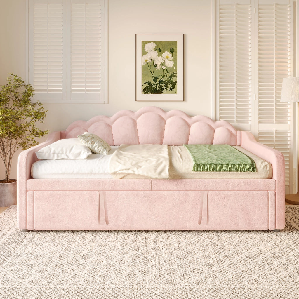 Letto estraibile singolo 90×200 cm e 180×200 cm con LED regolabile; senza materasso; velluto; rosa