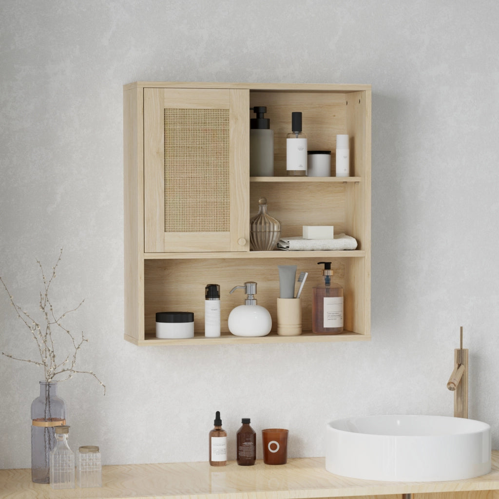 Armadio da bagno con ante scorrevoli e ripiani aperti ¨C zephmum ¨C legno naturale