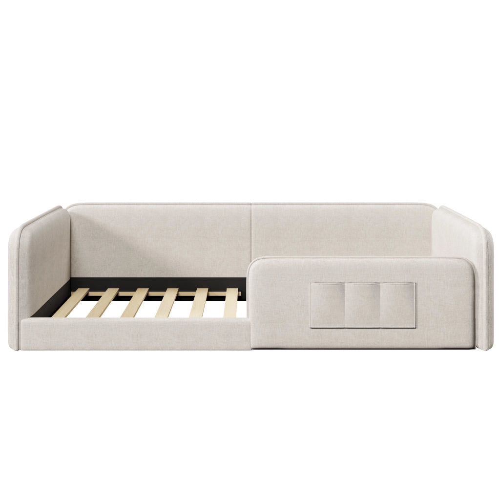 Letto a piattaforma 90x200 cm con tasche portaoggetti e struttura imbottita in lino beige
