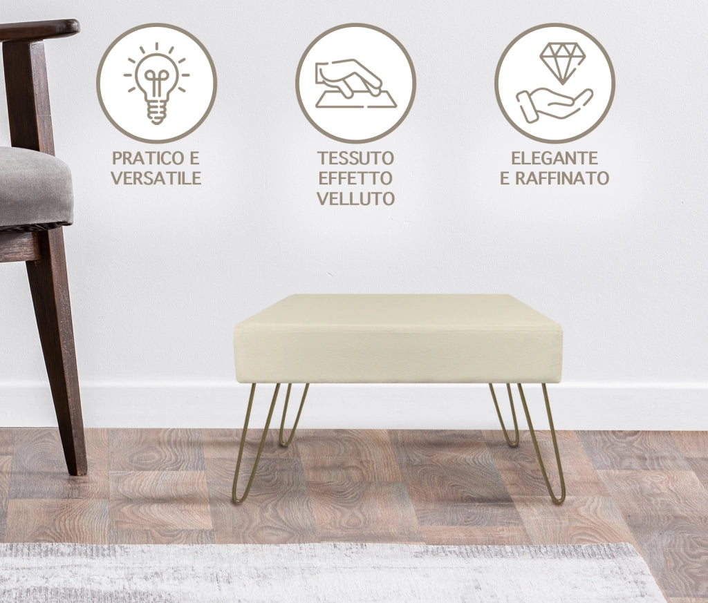 Pouf Poggiapiedi In Velluto Con Gambe Dorate Elegante Imbottito Sgabello Per Toeletta Mobile Trucco Ottomano Ingresso Tavolino Camera Da Letto Soggiorno Salotto  - Beige - Rettangolare