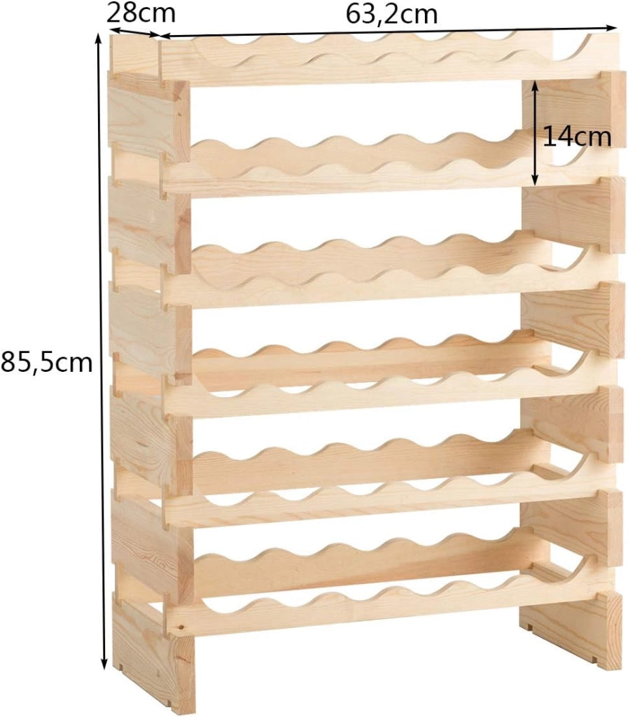 Scaffale Porta Bottiglie di Vino Fino a 36 Bottiglie, Cantinetta in Legno di Pino, 6 Ripiani, 63 x 28 x 85 cm, Naturale (36 Bottiglie)