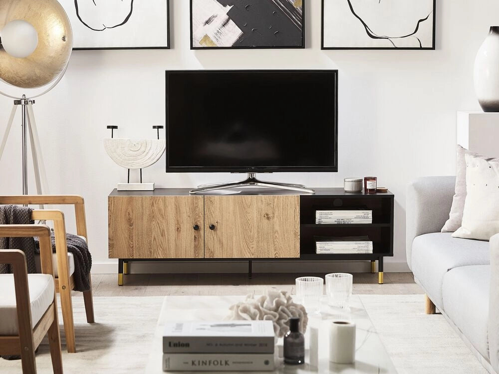 Mobile TV Gambe in metallo in truciolare di legno Nero e chiaro per TV fino a 65'' con funzione di archiviazione su ripiani