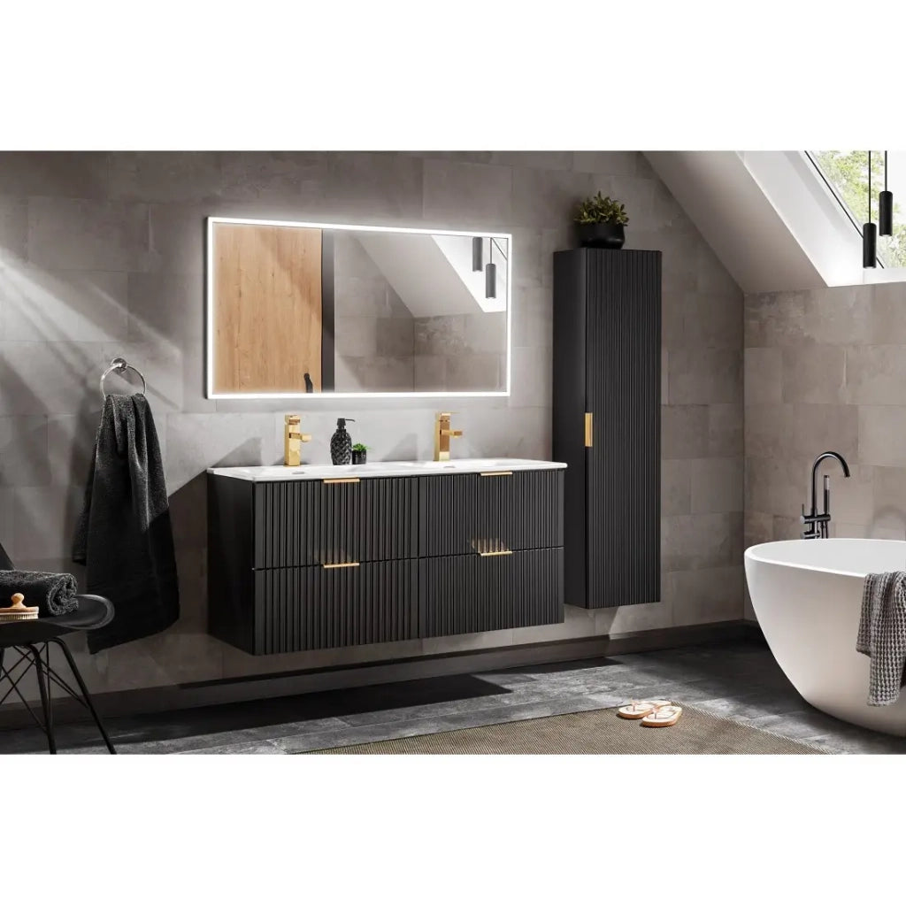 Colonna bagno NOXERA – 1 porta – Nero opaco – Design scanalato e maniglie personalizzabili