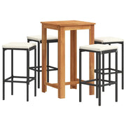 Set Bar da Giardino 5 pz | Set Salotto da Giardino Nero in Legno Acacia e Polyrattan