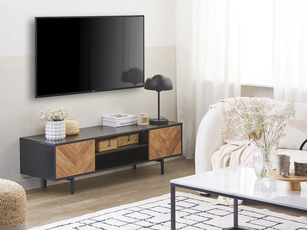 Porta TV in legno chiaro e truciolare Nero fino a 60ʺ con 2 ante in stile industriale