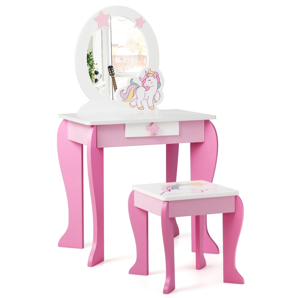 Toeletta per bambine, toeletta principesse con sgabello specchio smontabile e cassetto, Rosa e bianco-Toelette per bimbi