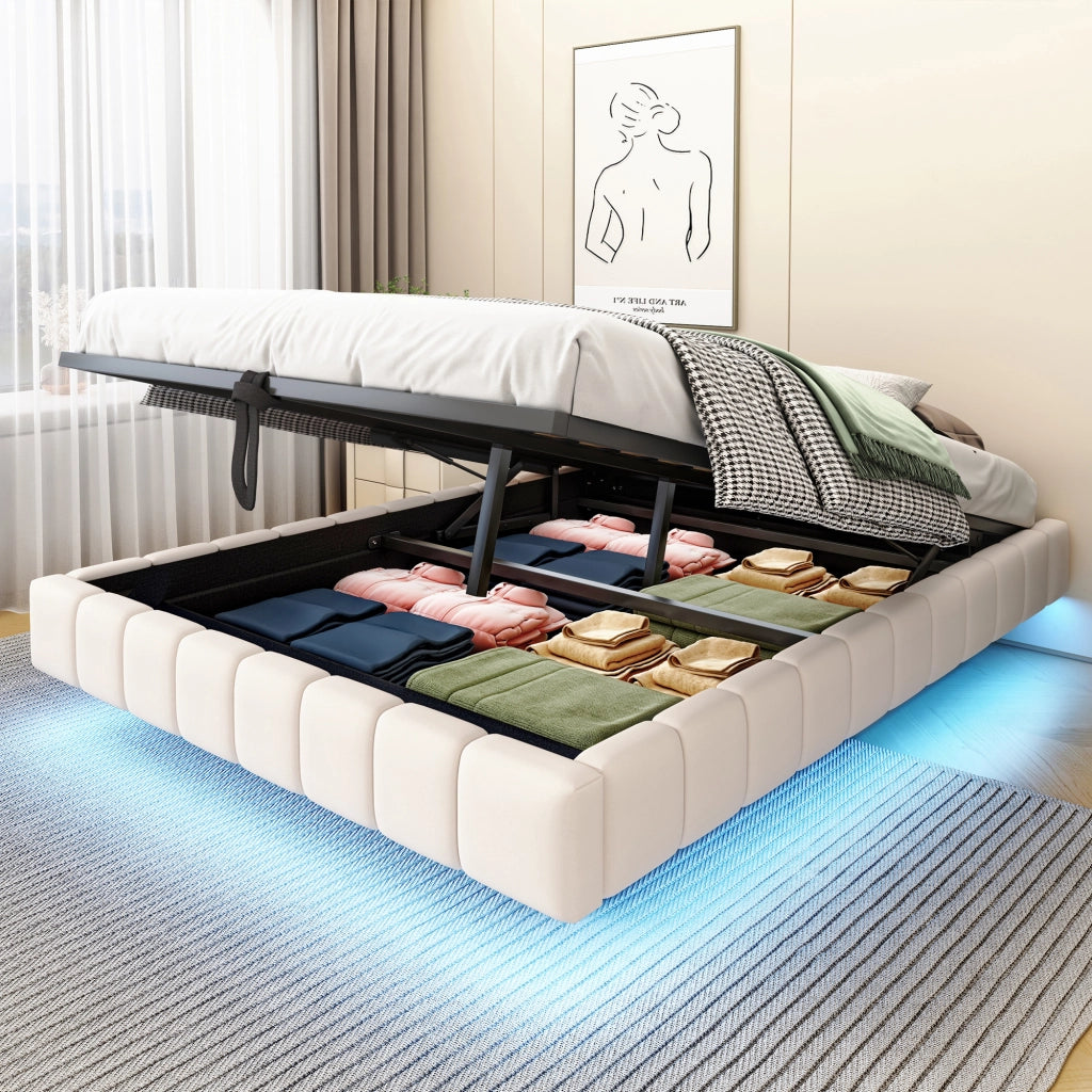 Letto Contenitore 140x200 cm; Letto in Tessuto con LED Regolabile e Beige