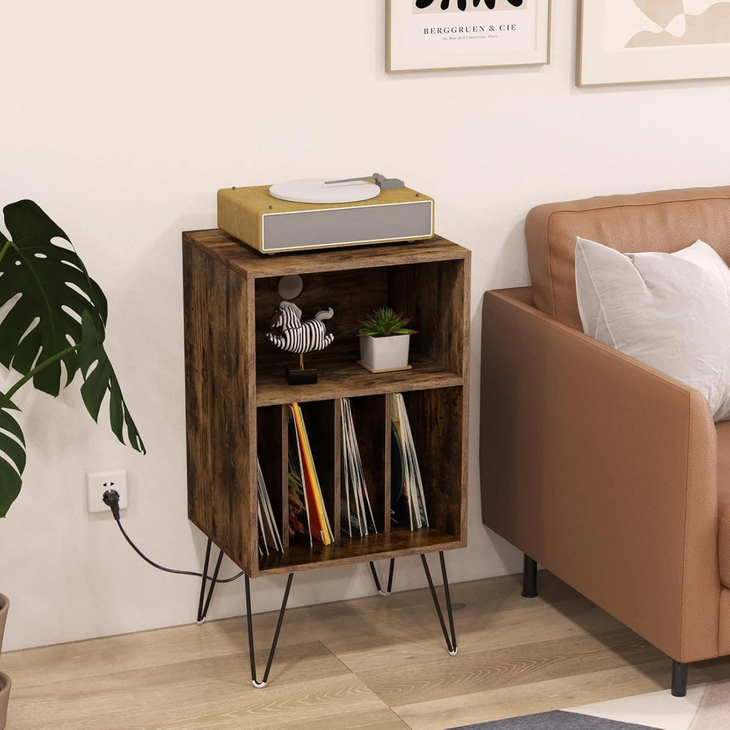 Giradischi Vintage Stand di Legno, Tavolino 3 Livelli con 5 Scomparti di Archiviazione Record in Vinile, Gabinetto del Supporto in Vinile per Soggiorno e Camera da Letto (Marrone Rustico)