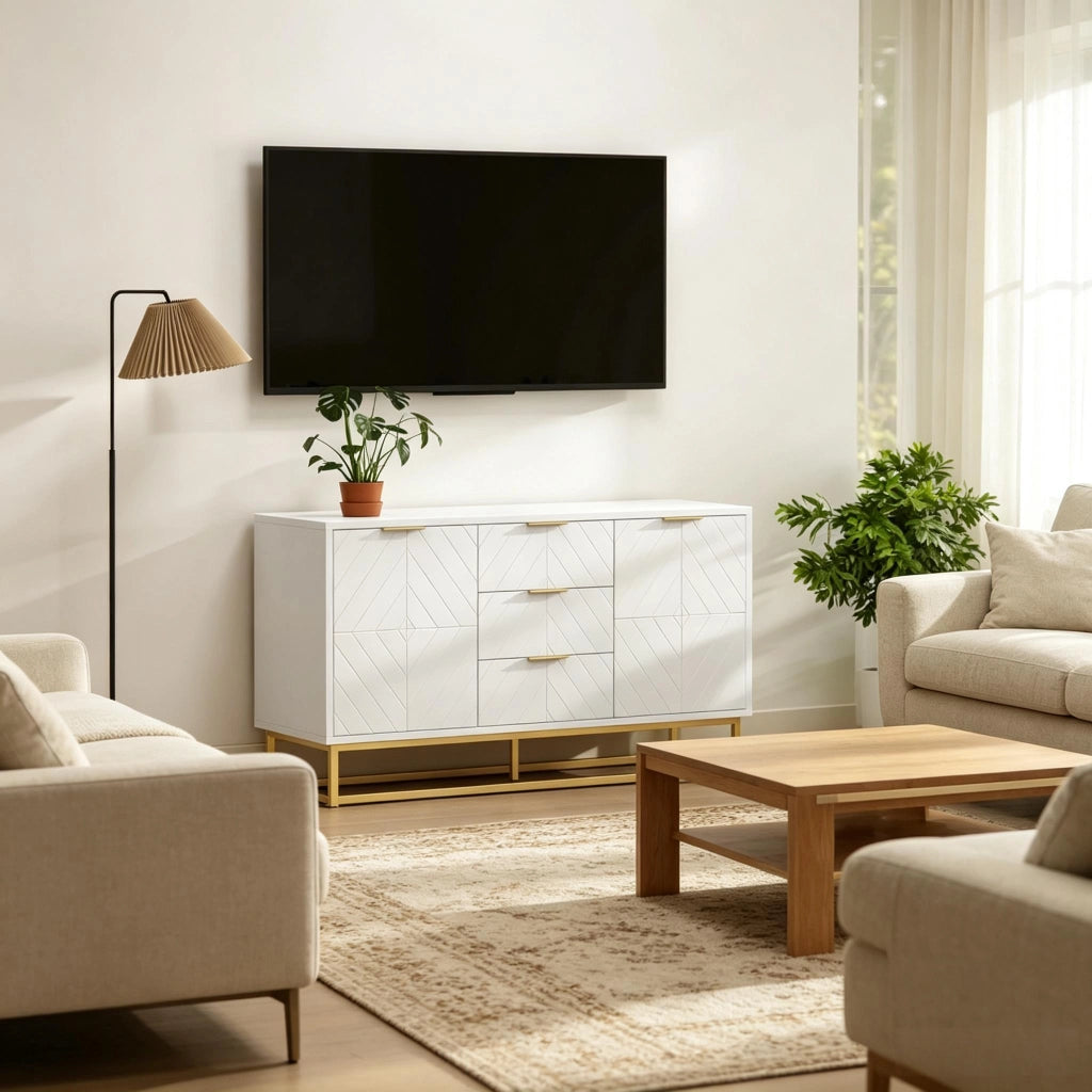 Credenza e madia con 2 ante, 3 cassetti e ripiano regolabile, per sala da pranzo, in MDF e metallo, bianco oro, 120 × 40 × 76 cm