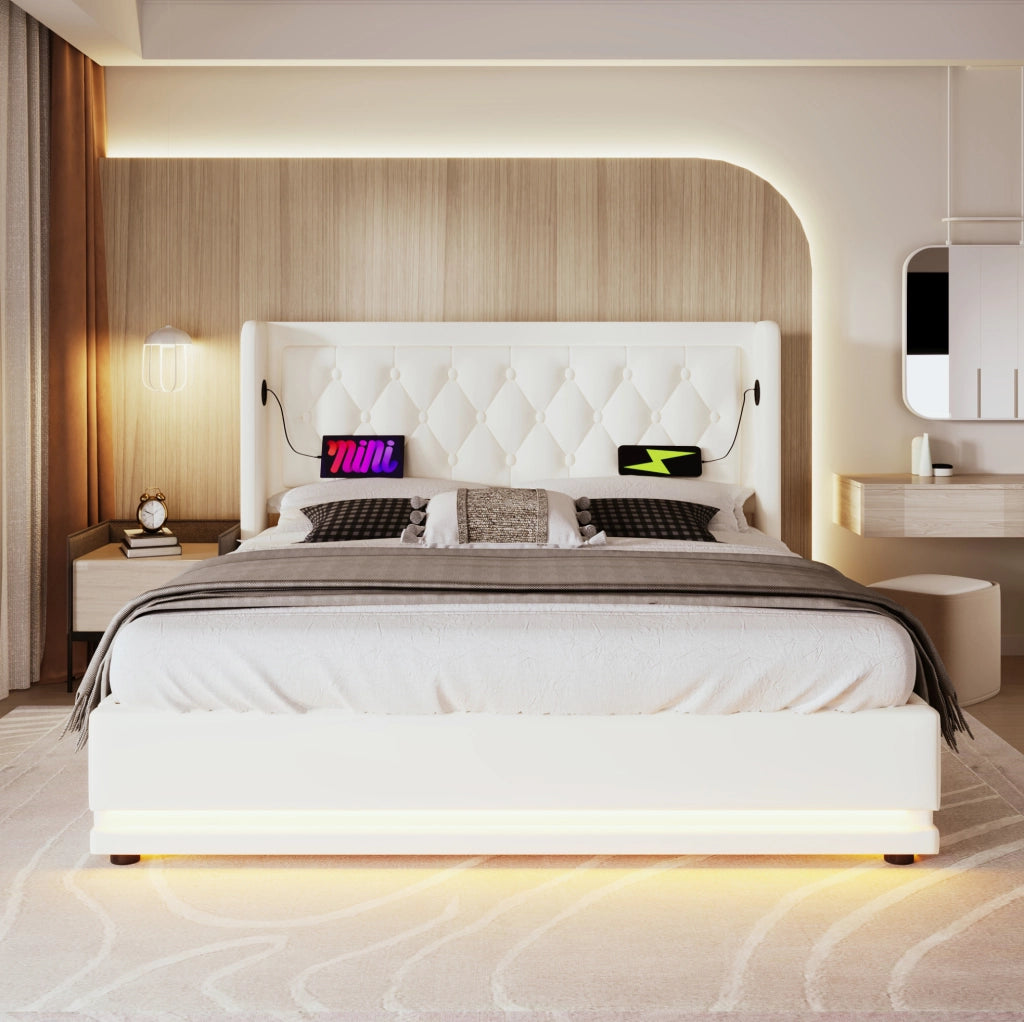 Letto contenitore 180x200 cm in PU bianco con LED e USB Tipo-C