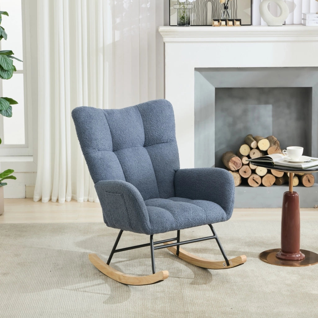 Poltrona a dondolo ergonomica in tessuto teddy blu navy