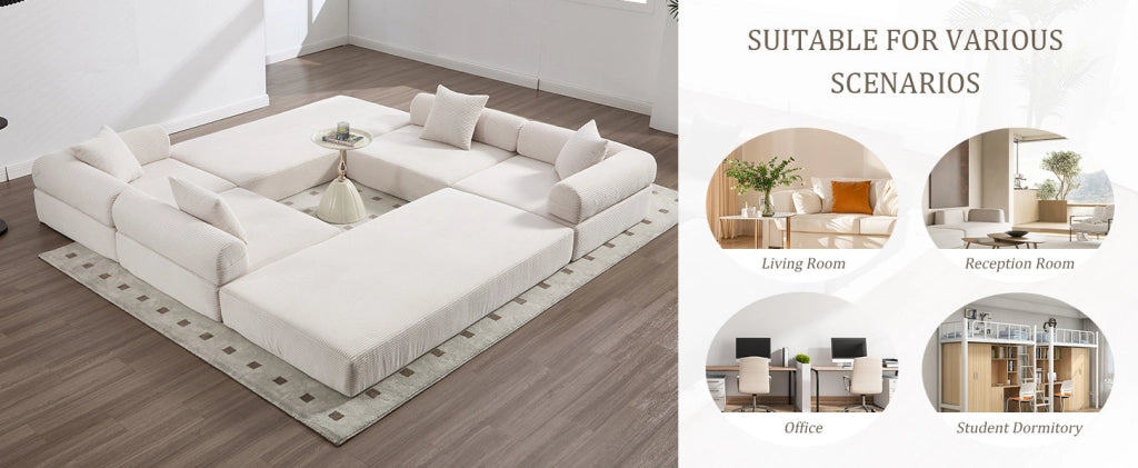 Divano modulare 270x180x64 cm con funzione letto e tasca laterale in corduroy beige