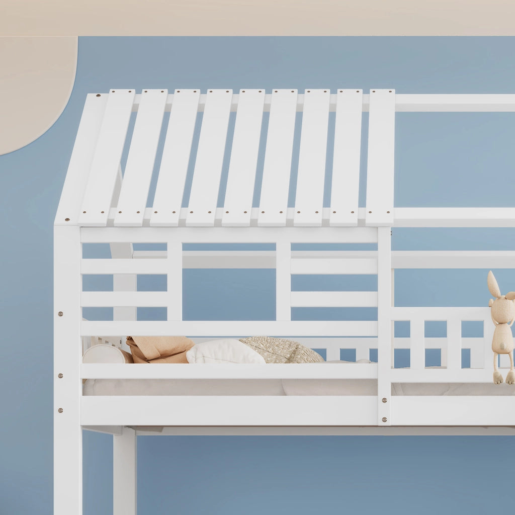 Letto a Castello 90x200 cm con Scala; Scivolo; Contenitori e Cassetti in Bianco