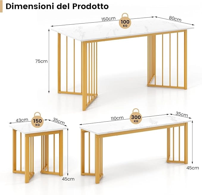 Set Tavolo da Pranzo a 4 Posti, Tavolo da Pranzo Rettangolare con Panca e 2 Sgabelli, con Gambe in Metallo Alate, per Cucina, Soggiorno, Sala da Pranzo, 150 x 80 x 75 cm