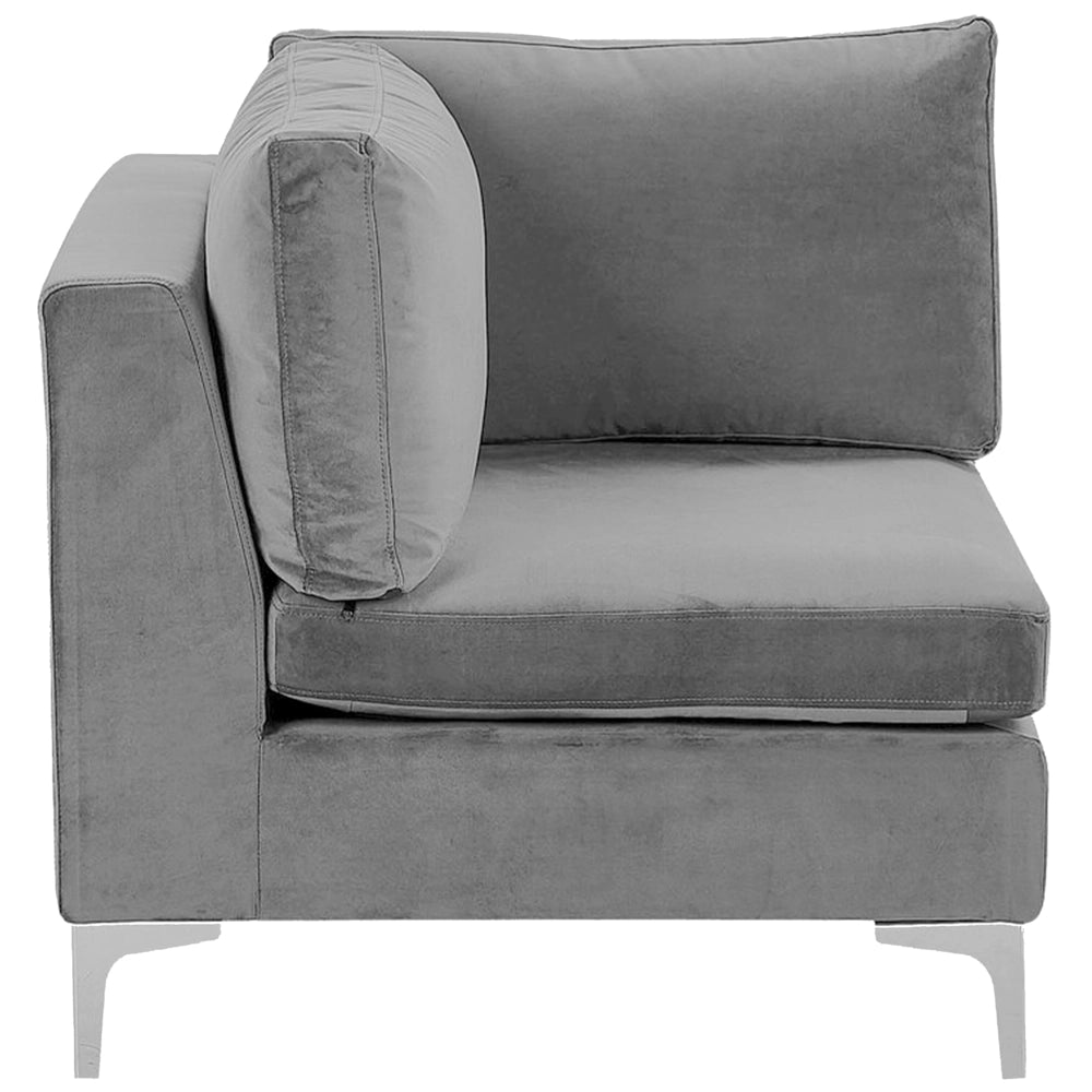 Divano ad angolo componibile versione sinistra a 5 posti in velluto grigio con gambe in metallo argento stile glamour