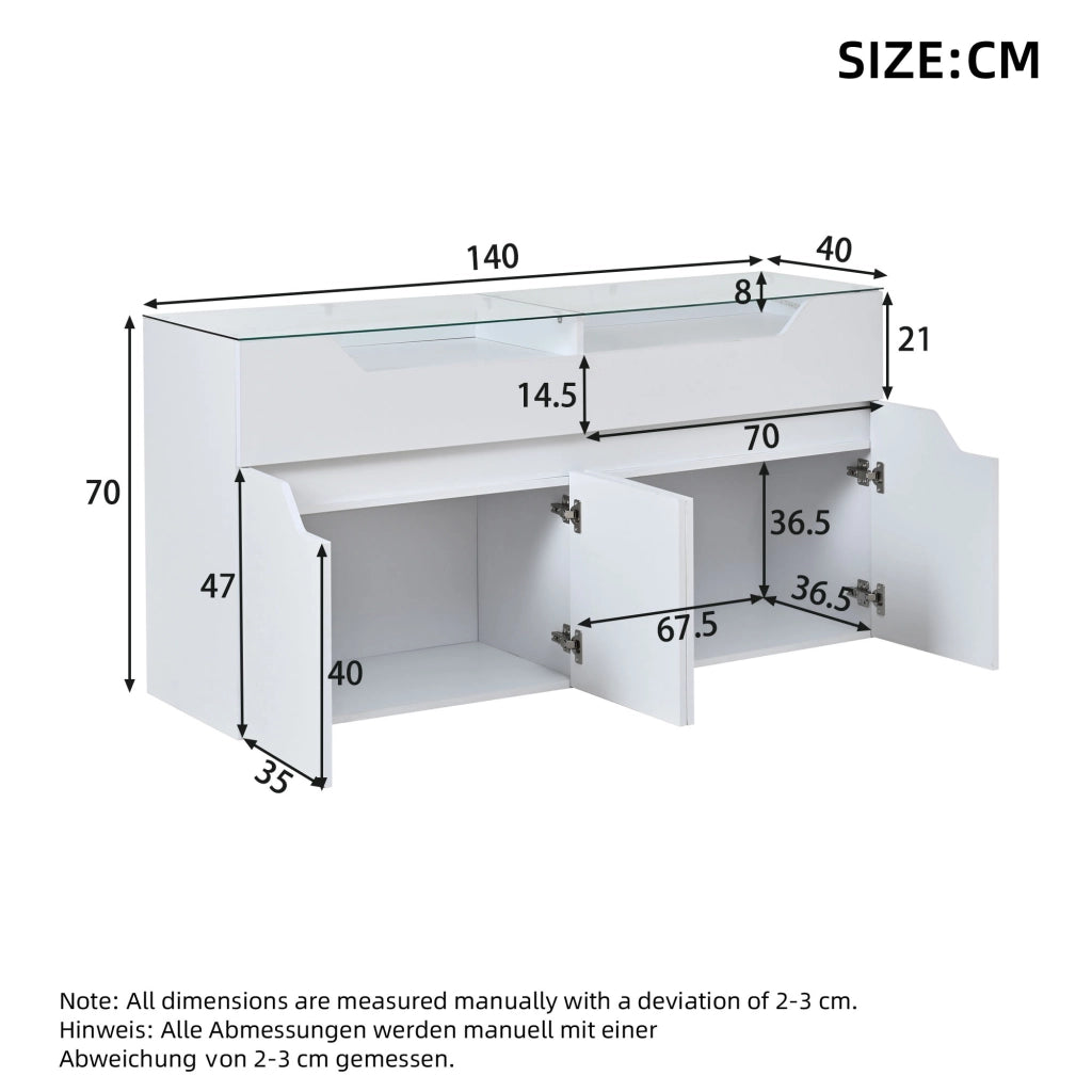 Credenza e madia con piano in vetro temperato, 2 cassetti e 2 ante, per sala da pranzo e soggiorno, bianco, 140 × 40 × 70 cm