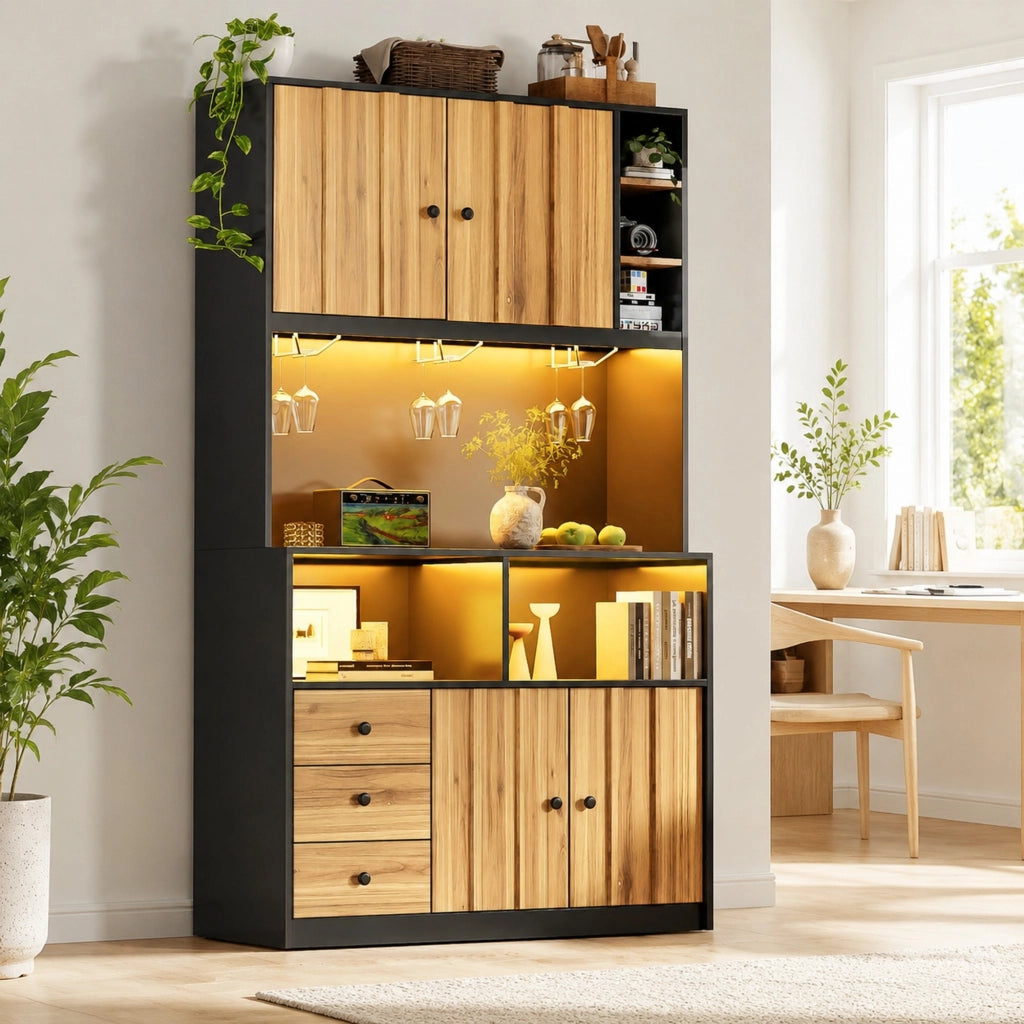 Mobile alto da cucina con LED RGB, prese USB e portabicchieri