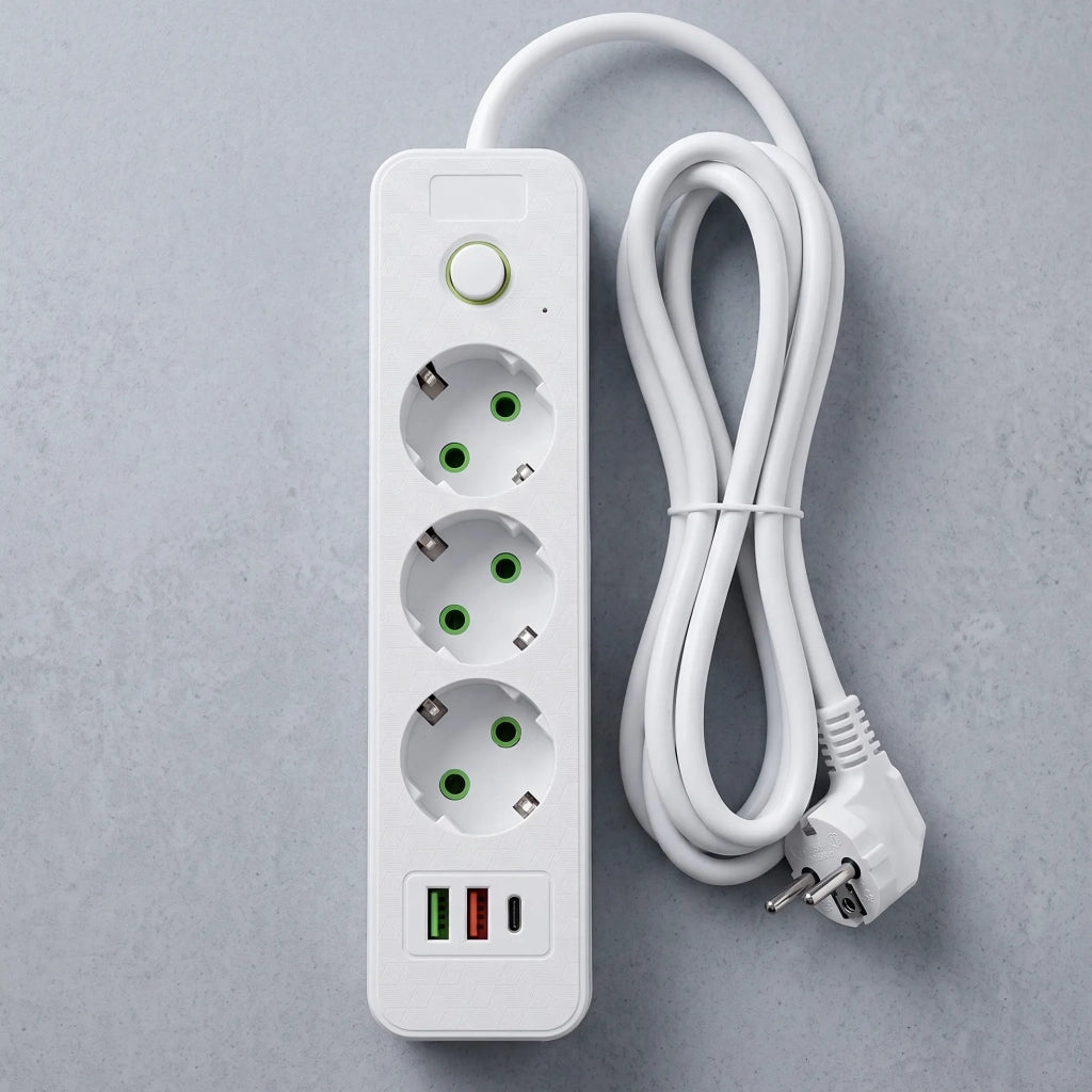Multipresa Con Prolunga, 3 Prese + 2 Porte Usb-a + Usb-c Jnh020-3a White
