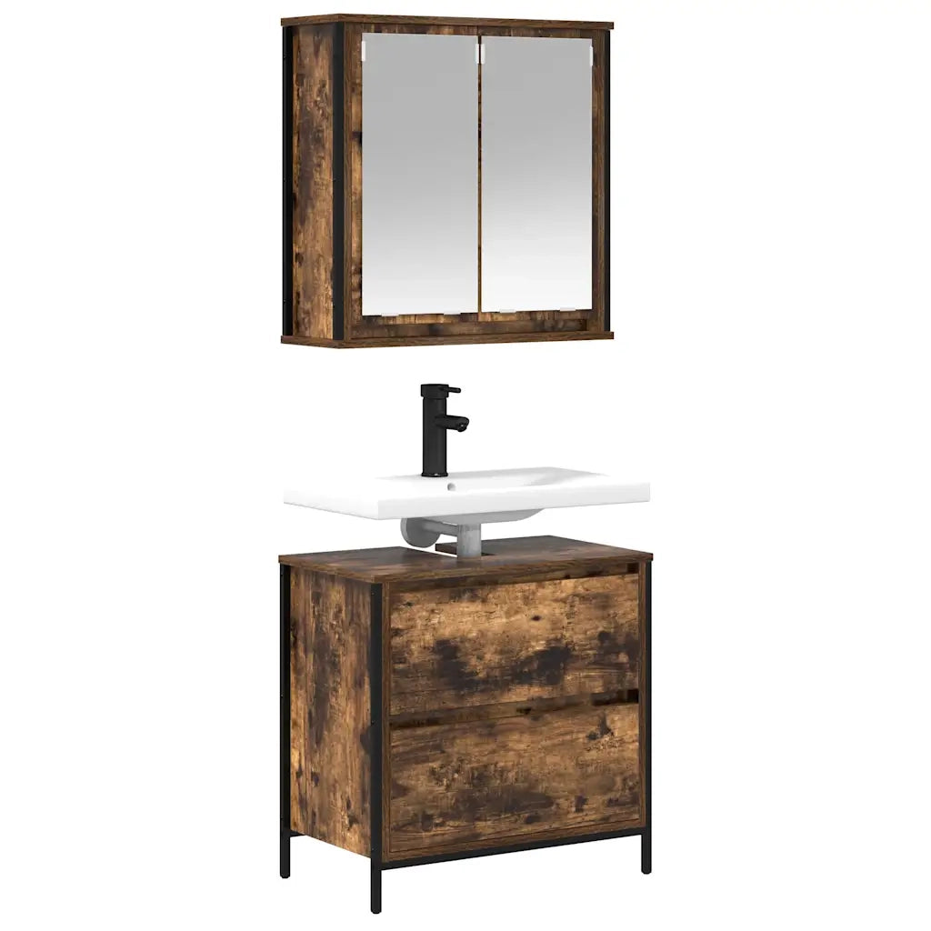 Set Mobili da Bagno | Armadio da bagno 2 pz Rovere Fumo in Legno Multistrato