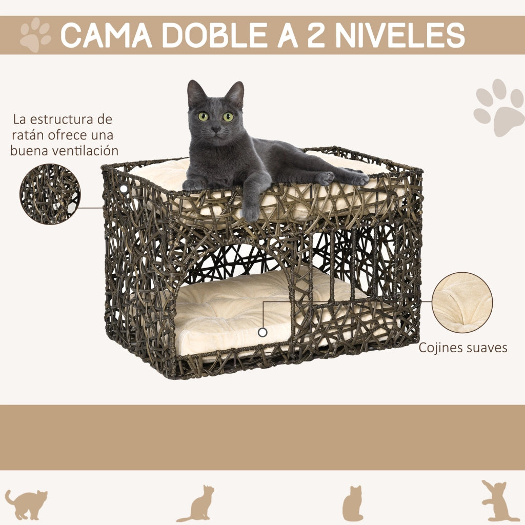 Cuccia per Gatti a 2 Piani ¨C Xylo ¨C Rattan con Cuscini Marrone Scuro 56x41x45cm